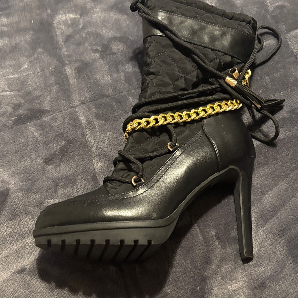 Black Quilted High Heel Boots with Gold Chain